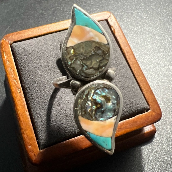 Huge Native American Inlay Ring Double Tear Drop Knuckle Ring Size 8